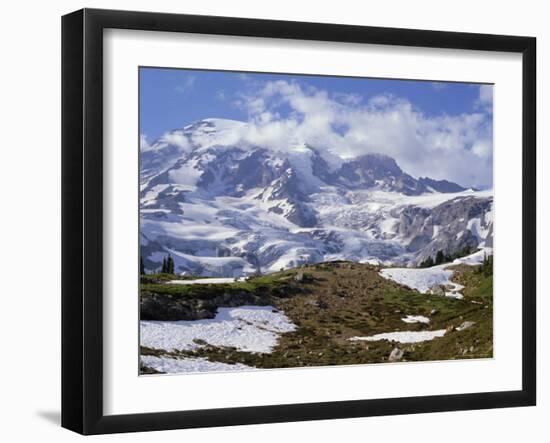 Nisqually Glacier in Foreground, with Mount Rainier, the Volcano Which Last Erupted in 1882, Beyond-Tony Waltham-Framed Photographic Print