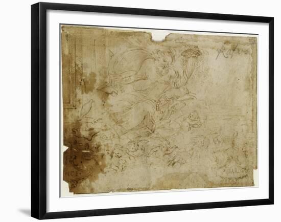 Noé lisant, près de l'arche, tenant une tablette et une corne d'abondance, assis sur des nuées-Raffaello Sanzio-Framed Giclee Print