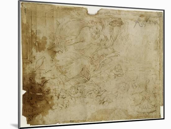 Noé lisant, près de l'arche, tenant une tablette et une corne d'abondance, assis sur des nuées-Raffaello Sanzio-Mounted Giclee Print