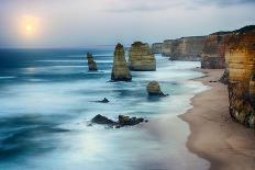 Moon Setting in Twelve Apostles Sea Rocks in Hdr Effect-Nokuro-Framed Stretched Canvas
