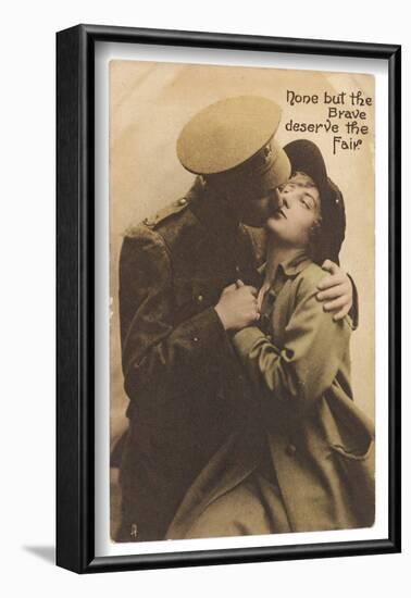 "None But the Brave Deserve the Fair" - a Soldier Kisses His Girlfriend Goodbye-null-Framed Photographic Print