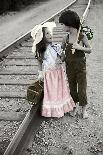 Boy and Girl Carrying Packs Walking by Railroad Tracks-Nora Hernandez-Giclee Print