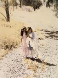 Boy and Girl Carrying Packs Walking by Railroad Tracks-Nora Hernandez-Giclee Print