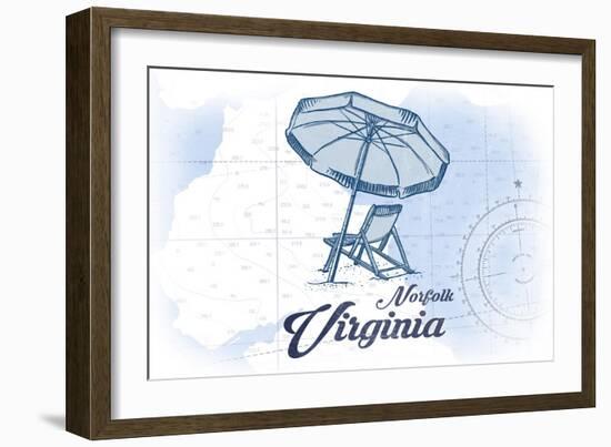 Norfolk, Virginia - Beach Chair and Umbrella - Blue - Coastal Icon-Lantern Press-Framed Art Print