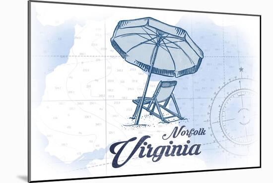 Norfolk, Virginia - Beach Chair and Umbrella - Blue - Coastal Icon-Lantern Press-Mounted Art Print