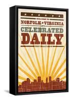 Norfolk, Virginia - Skyline and Sunburst Screenprint Style-Lantern Press-Framed Stretched Canvas