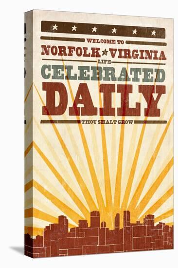 Norfolk, Virginia - Skyline and Sunburst Screenprint Style-Lantern Press-Stretched Canvas