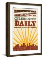 Norfolk, Virginia - Skyline and Sunburst Screenprint Style-Lantern Press-Framed Art Print