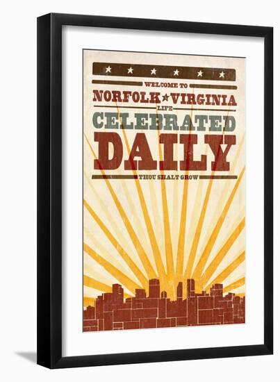 Norfolk, Virginia - Skyline and Sunburst Screenprint Style-Lantern Press-Framed Art Print