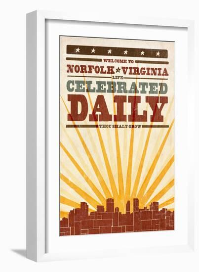 Norfolk, Virginia - Skyline and Sunburst Screenprint Style-Lantern Press-Framed Art Print