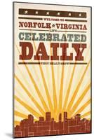 Norfolk, Virginia - Skyline and Sunburst Screenprint Style-Lantern Press-Mounted Art Print