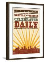 Norfolk, Virginia - Skyline and Sunburst Screenprint Style-Lantern Press-Framed Art Print