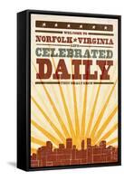 Norfolk, Virginia - Skyline and Sunburst Screenprint Style-Lantern Press-Framed Stretched Canvas