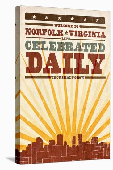 Norfolk, Virginia - Skyline and Sunburst Screenprint Style-Lantern Press-Stretched Canvas