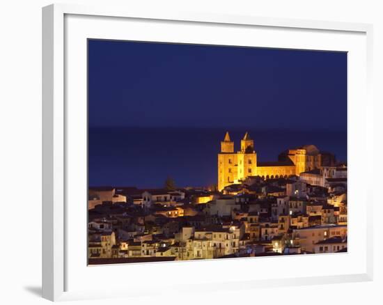 Norman Cathedral Lit Up at Dusk, Cefalu, Sicily, Italy, Mediterranean, Europe-John Miller-Framed Photographic Print