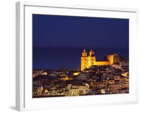 Norman Cathedral Lit Up at Dusk, Cefalu, Sicily, Italy, Mediterranean, Europe-John Miller-Framed Photographic Print