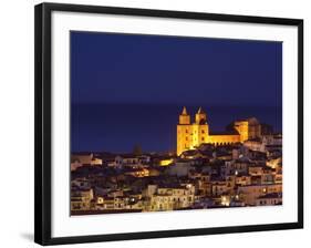 Norman Cathedral Lit Up at Dusk, Cefalu, Sicily, Italy, Mediterranean, Europe-John Miller-Framed Photographic Print