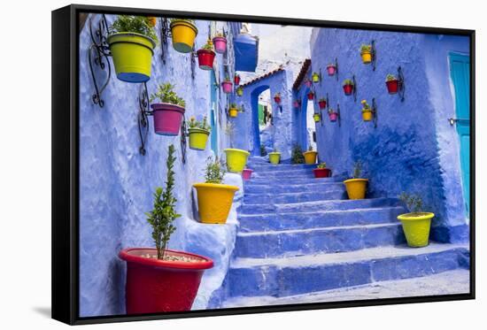 North Africa, Morocco, Traiditoional blue streets of Chefchaouen.-Emily Wilson-Framed Stretched Canvas