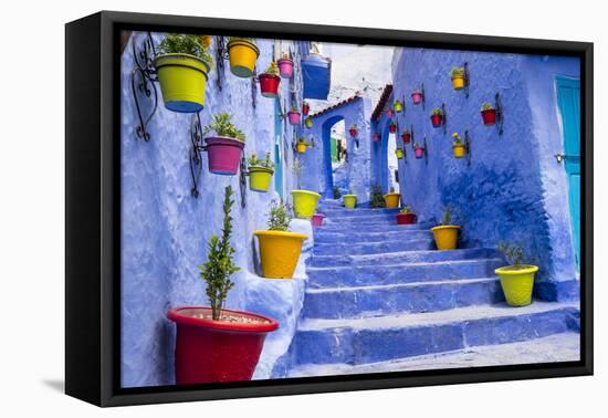 North Africa, Morocco, Traiditoional blue streets of Chefchaouen.-Emily Wilson-Framed Stretched Canvas