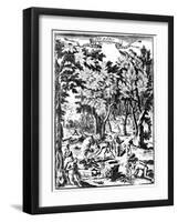 North American Huron Indians Hunting and Preparing Food in Woodland, 1686-null-Framed Giclee Print