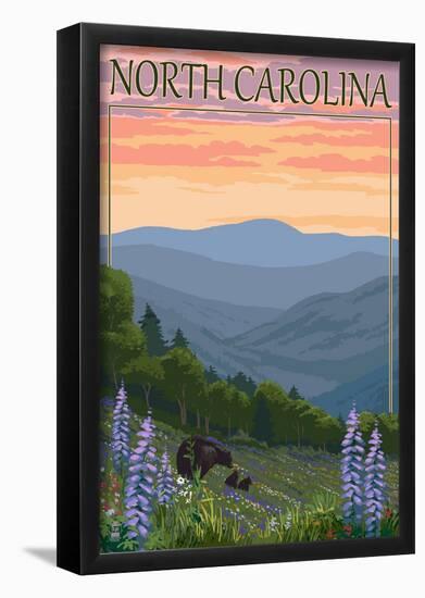 North Carolina - Bear and Cubs with Spring Flowers-null-Framed Poster