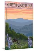 North Carolina - Bear and Cubs with Spring Flowers-Lantern Press-Stretched Canvas