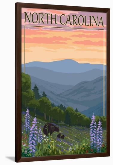 North Carolina - Bear and Cubs with Spring Flowers-Lantern Press-Framed Art Print