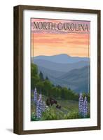 North Carolina - Bear and Cubs with Spring Flowers-Lantern Press-Framed Art Print