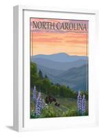 North Carolina - Bear and Cubs with Spring Flowers-Lantern Press-Framed Art Print