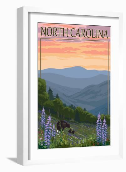 North Carolina - Bear and Cubs with Spring Flowers-Lantern Press-Framed Art Print