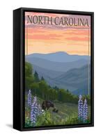 North Carolina - Bear and Cubs with Spring Flowers-Lantern Press-Framed Stretched Canvas