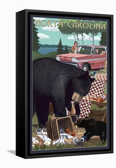 North Carolina - Bear and Picnic Scene-Lantern Press-Framed Stretched Canvas