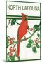 North Carolina - Cardinal Perched on a Holly Branch-Lantern Press-Mounted Art Print