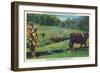 North Carolina - Cherokee Farmer with Ox-Drawn Plow-Lantern Press-Framed Art Print