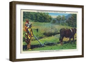 North Carolina - Cherokee Farmer with Ox-Drawn Plow-Lantern Press-Framed Art Print