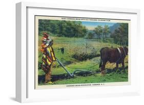 North Carolina - Cherokee Farmer with Ox-Drawn Plow-Lantern Press-Framed Art Print