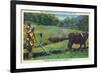 North Carolina - Cherokee Farmer with Ox-Drawn Plow-Lantern Press-Framed Premium Giclee Print