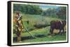 North Carolina - Cherokee Farmer with Ox-Drawn Plow-Lantern Press-Framed Stretched Canvas