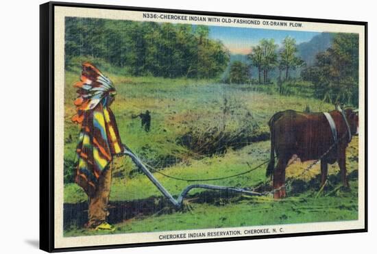 North Carolina - Cherokee Farmer with Ox-Drawn Plow-Lantern Press-Framed Stretched Canvas
