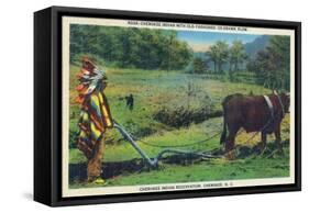 North Carolina - Cherokee Farmer with Ox-Drawn Plow-Lantern Press-Framed Stretched Canvas