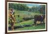 North Carolina - Cherokee Farmer with Ox-Drawn Plow-Lantern Press-Framed Art Print