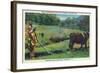 North Carolina - Cherokee Farmer with Ox-Drawn Plow-Lantern Press-Framed Art Print