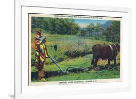 North Carolina - Cherokee Farmer with Ox-Drawn Plow-Lantern Press-Framed Art Print