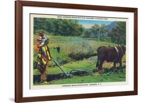 North Carolina - Cherokee Farmer with Ox-Drawn Plow-Lantern Press-Framed Art Print