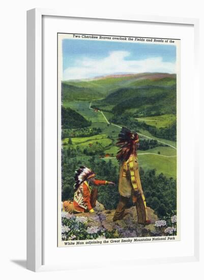 North Carolina - Cherokee Men Overlooking Fields near Great Smoky Mt. Nat'l Park-Lantern Press-Framed Art Print