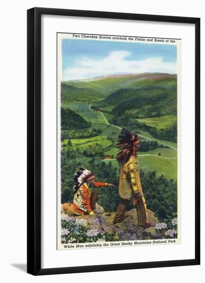 North Carolina - Cherokee Men Overlooking Fields near Great Smoky Mt. Nat'l Park-Lantern Press-Framed Art Print