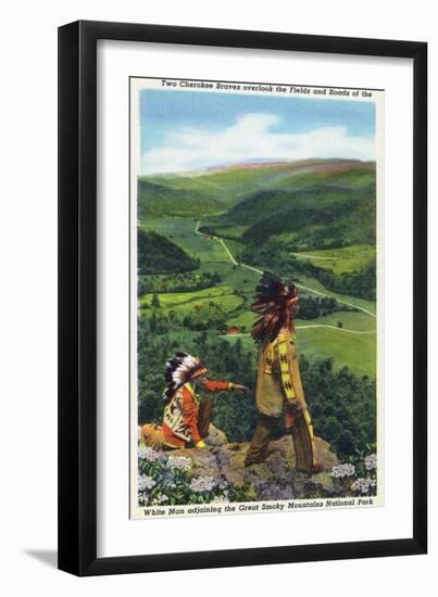 North Carolina - Cherokee Men Overlooking Fields near Great Smoky Mt. Nat'l Park-Lantern Press-Framed Art Print