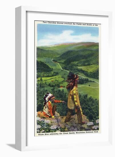 North Carolina - Cherokee Men Overlooking Fields near Great Smoky Mt. Nat'l Park-Lantern Press-Framed Art Print
