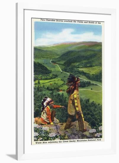 North Carolina - Cherokee Men Overlooking Fields near Great Smoky Mt. Nat'l Park-Lantern Press-Framed Art Print