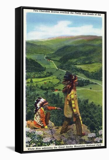 North Carolina - Cherokee Men Overlooking Fields near Great Smoky Mt. Nat'l Park-Lantern Press-Framed Stretched Canvas